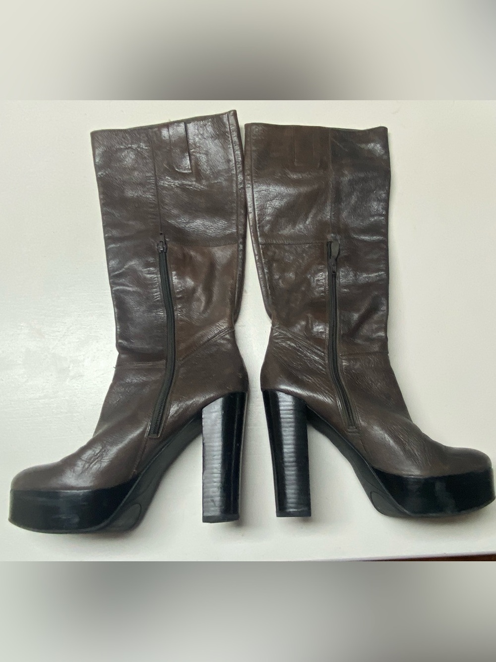 Nine West Escapegoat Dark Gray Leather Knee Boots with Black Block Heels
